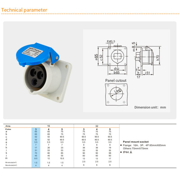 Weipu 16A 3PIN Panel Mount Socket TYP5601-IP44 - Image 2