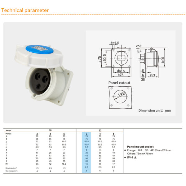 Weipu 32A 3PIN Panel Mount Socket TYP5801-IP44 - Image 2