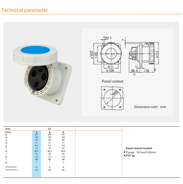 Weipu 63A 3PIN Panel Mount Socket TYP5902-IP67 - Image 2