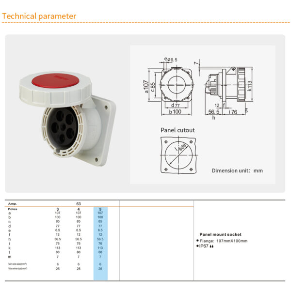 Weipu 63A 5PIN Panel Mount Socket TYP5924-IP67 - Image 2