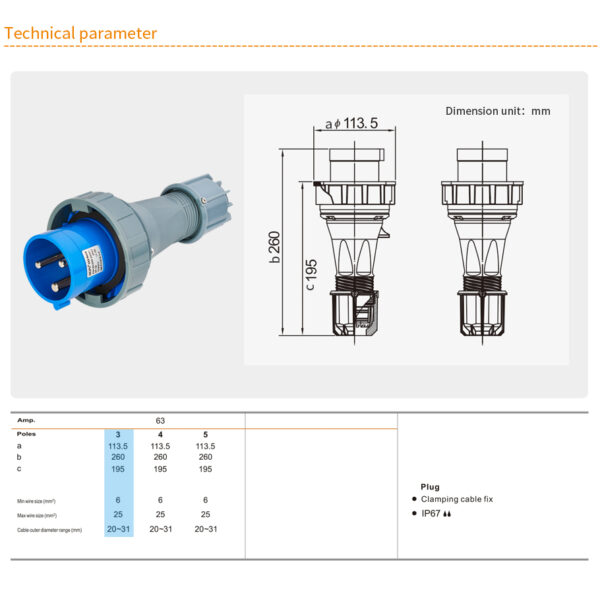 Weipu 63A 3PIN Plug Clamping cable fix TYP671-IP67 - Image 2