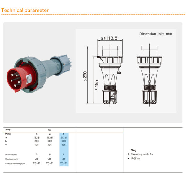 Weipu 63A 5PIN Plug Clamping cable fix TYP675-IP67 - Image 2